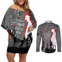New Zealand ANZAC Day Couples Matching Off Shoulder Short Dress and Long Sleeve Button Shirt 25th April Silver Fern With Poppy LT14 Gray - Polynesian Pride