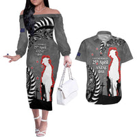 New Zealand ANZAC Day Couples Matching Off The Shoulder Long Sleeve Dress and Hawaiian Shirt 25th April Silver Fern With Poppy LT14 Gray - Polynesian Pride