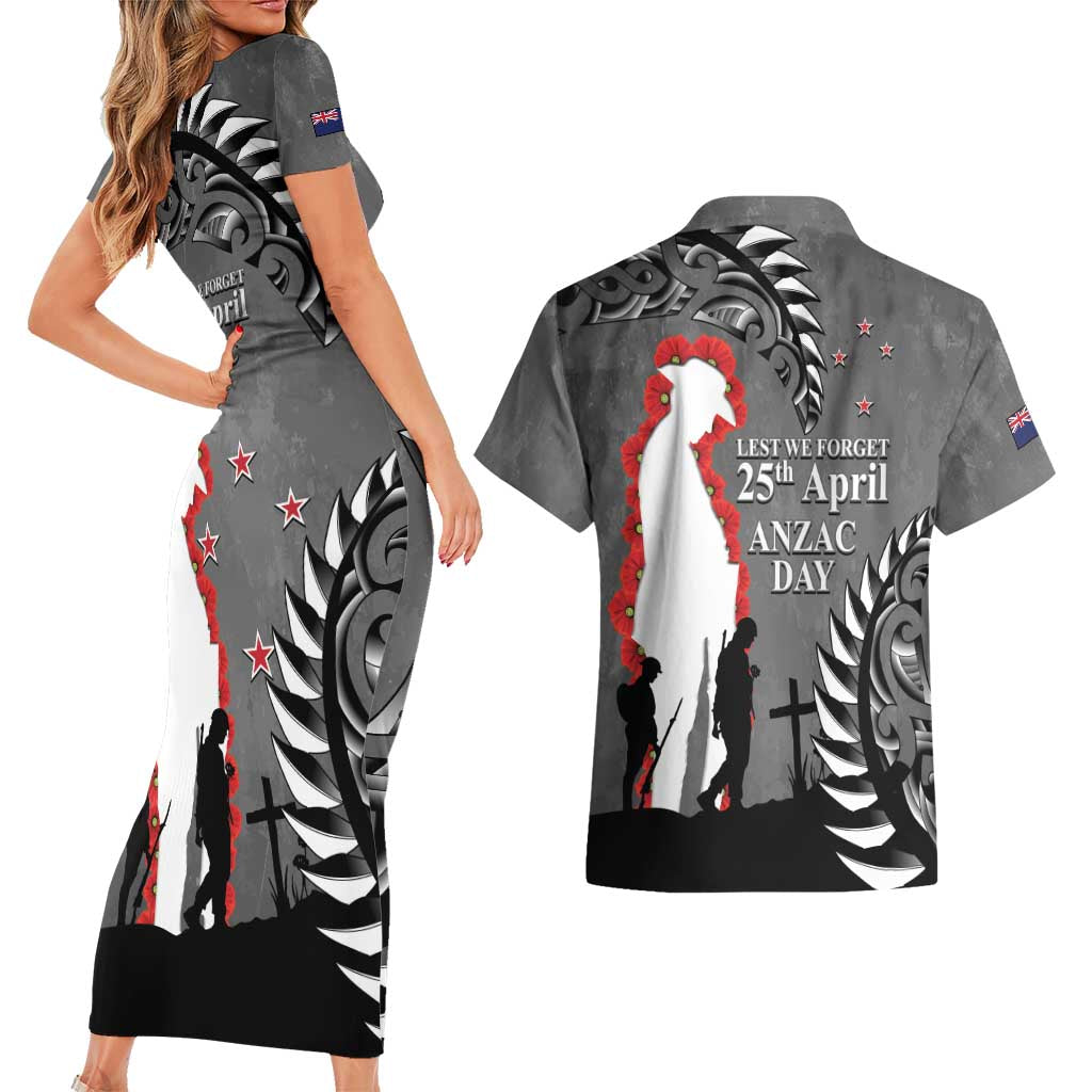 New Zealand ANZAC Day Couples Matching Short Sleeve Bodycon Dress and Hawaiian Shirt 25th April Silver Fern With Poppy LT14 - Polynesian Pride