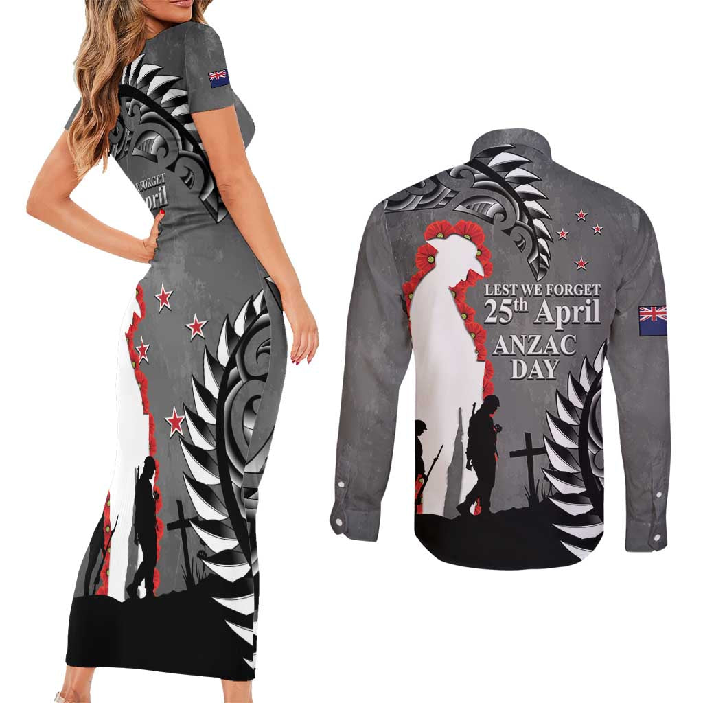 New Zealand ANZAC Day Couples Matching Short Sleeve Bodycon Dress and Long Sleeve Button Shirt 25th April Silver Fern With Poppy LT14 - Polynesian Pride