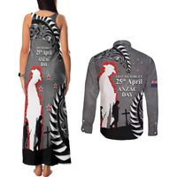 New Zealand ANZAC Day Couples Matching Tank Maxi Dress and Long Sleeve Button Shirt 25th April Silver Fern With Poppy LT14 - Polynesian Pride