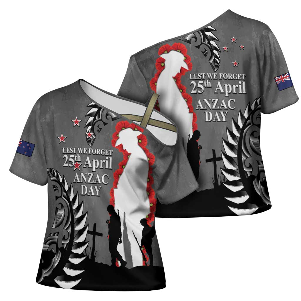 New Zealand ANZAC Day Cross Shoulder Shirt 25th April Silver Fern With Poppy LT14 - Polynesian Pride