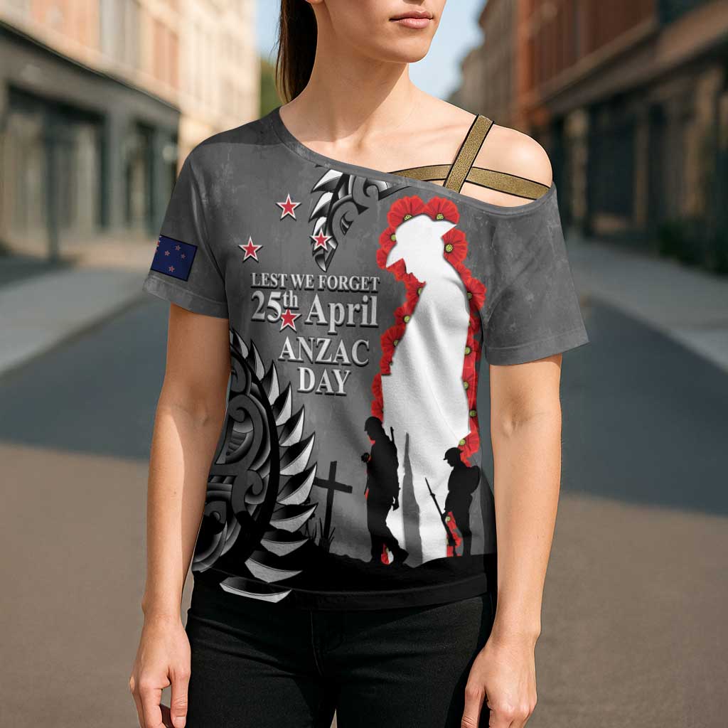 New Zealand ANZAC Day Cross Shoulder Shirt 25th April Silver Fern With Poppy LT14 - Polynesian Pride
