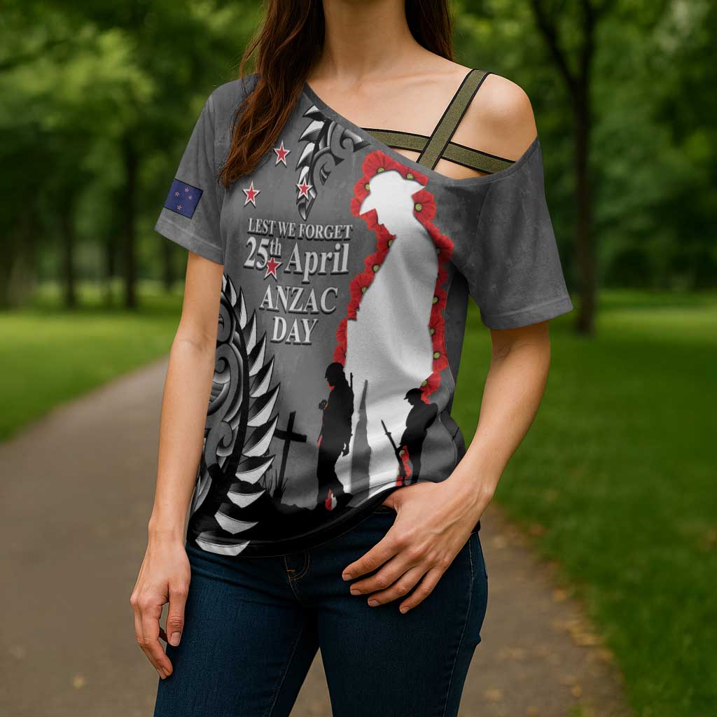 New Zealand ANZAC Day Cross Shoulder Shirt 25th April Silver Fern With Poppy LT14 - Polynesian Pride