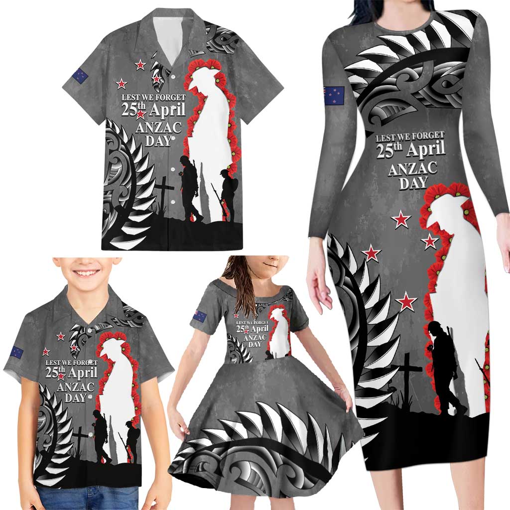 New Zealand ANZAC Day Family Matching Long Sleeve Bodycon Dress and Hawaiian Shirt 25th April Silver Fern With Poppy LT14 - Polynesian Pride