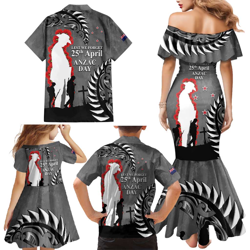 New Zealand ANZAC Day Family Matching Mermaid Dress and Hawaiian Shirt 25th April Silver Fern With Poppy LT14 - Polynesian Pride