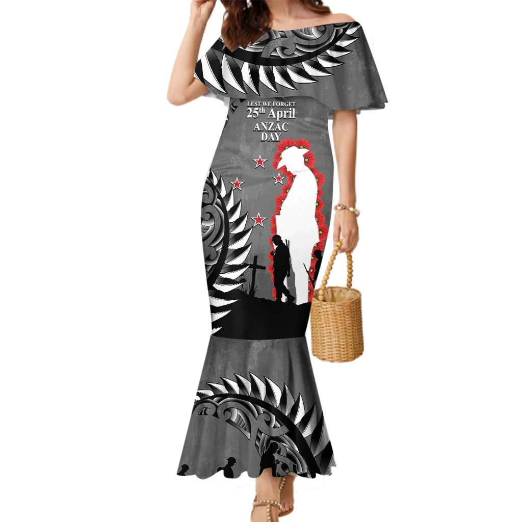 New Zealand ANZAC Day Family Matching Mermaid Dress and Hawaiian Shirt 25th April Silver Fern With Poppy LT14 Mom's Dress Gray - Polynesian Pride
