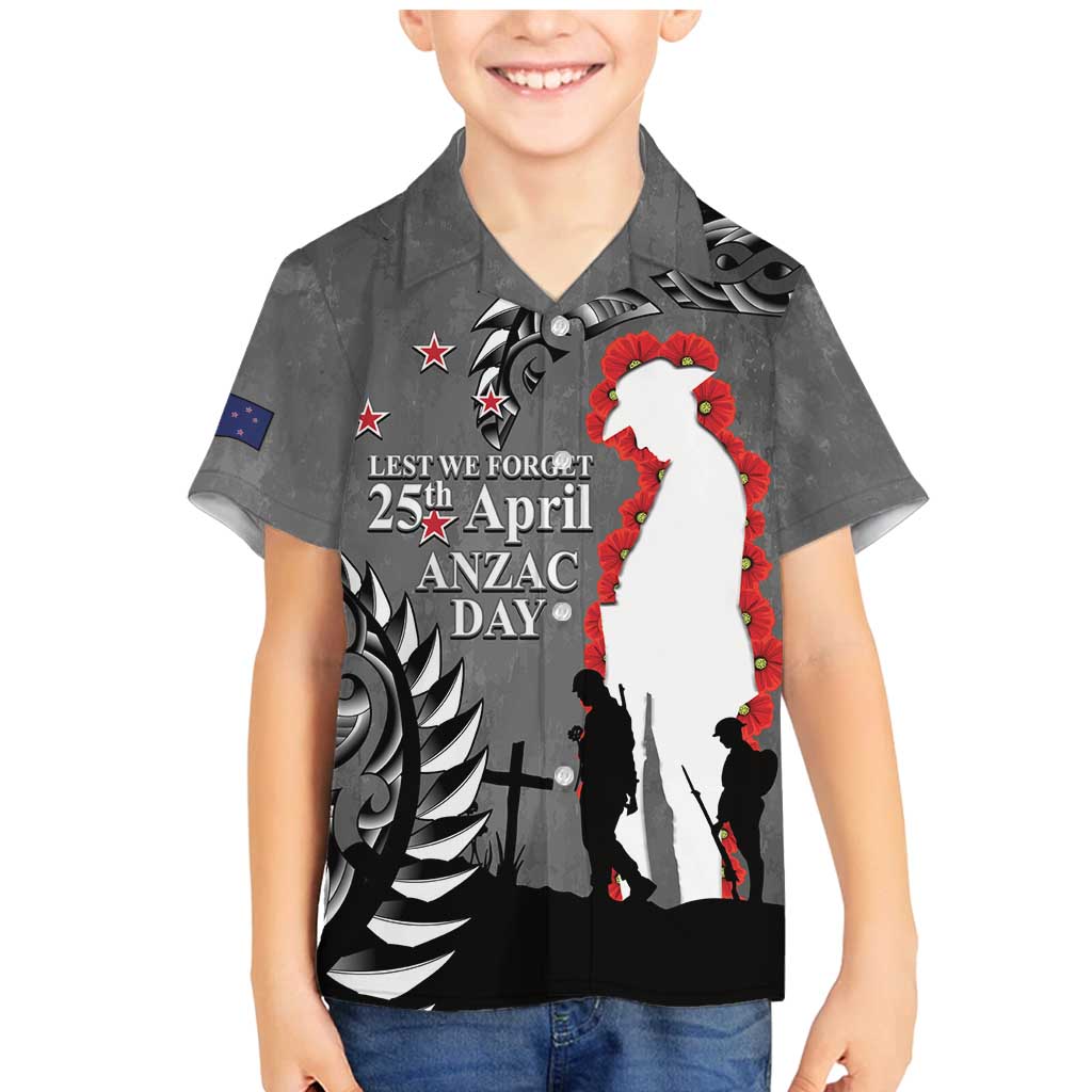 New Zealand ANZAC Day Family Matching Mermaid Dress and Hawaiian Shirt 25th April Silver Fern With Poppy LT14 Son's Shirt Gray - Polynesian Pride