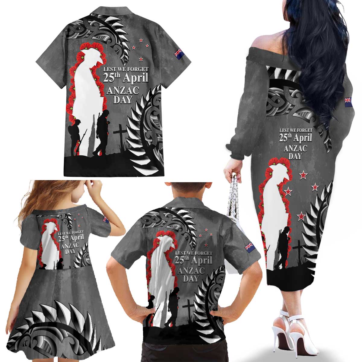 New Zealand ANZAC Day Family Matching Off The Shoulder Long Sleeve Dress and Hawaiian Shirt 25th April Silver Fern With Poppy LT14 - Polynesian Pride