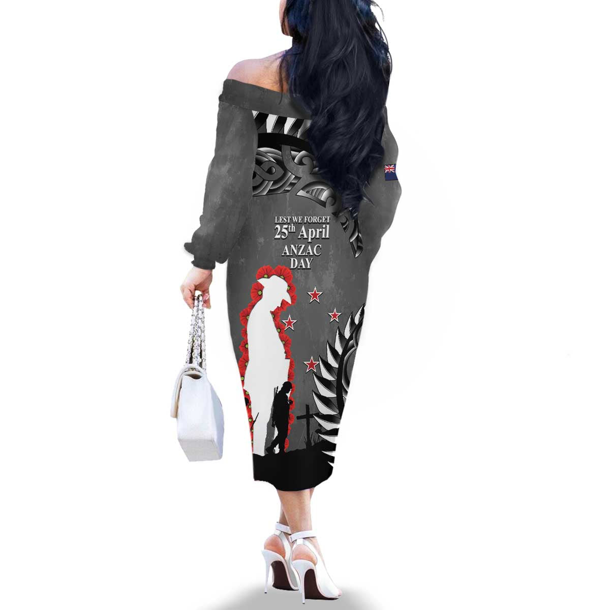New Zealand ANZAC Day Family Matching Off The Shoulder Long Sleeve Dress and Hawaiian Shirt 25th April Silver Fern With Poppy LT14 - Polynesian Pride