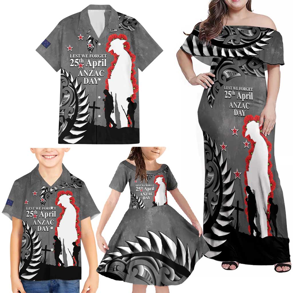 New Zealand ANZAC Day Family Matching Off Shoulder Maxi Dress and Hawaiian Shirt 25th April Silver Fern With Poppy LT14 - Polynesian Pride