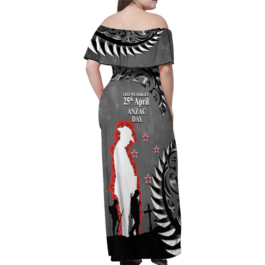 New Zealand ANZAC Day Family Matching Off Shoulder Maxi Dress and Hawaiian Shirt 25th April Silver Fern With Poppy LT14 - Polynesian Pride