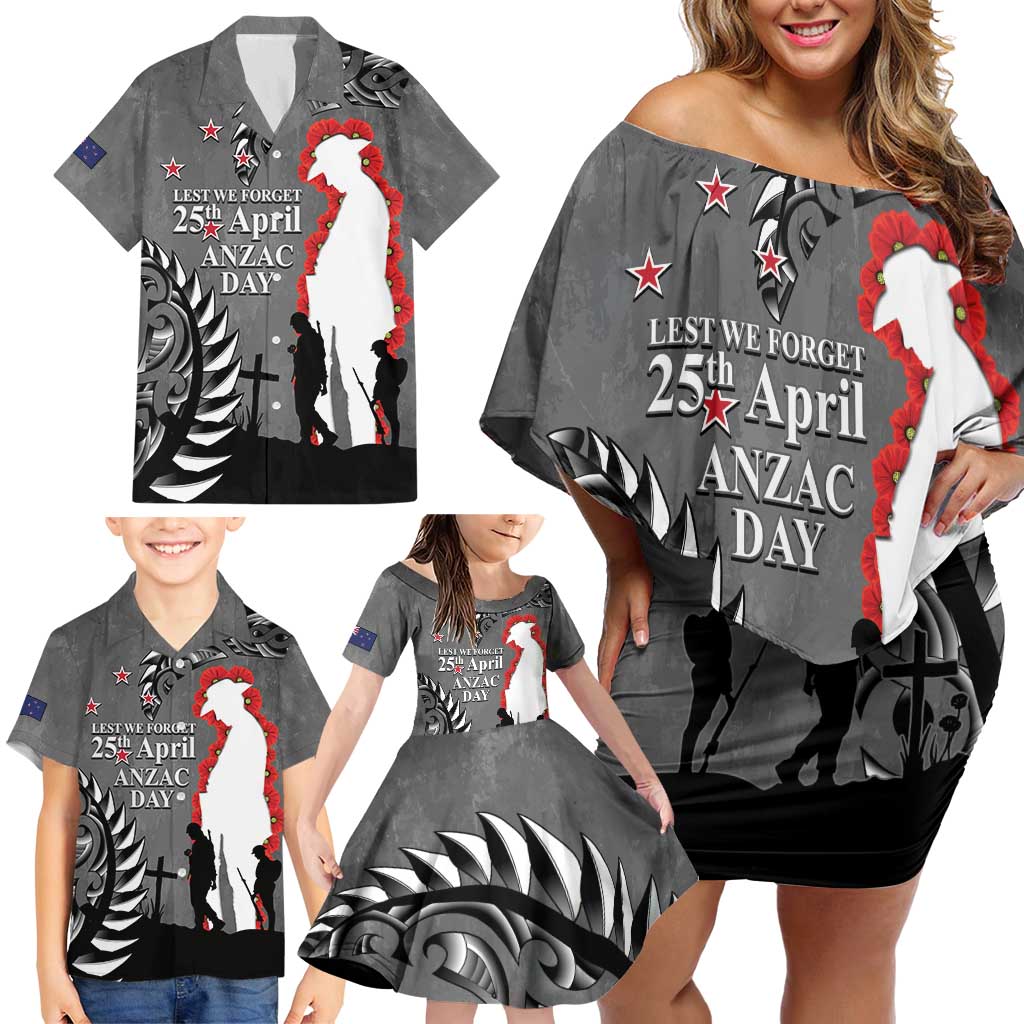 New Zealand ANZAC Day Family Matching Off Shoulder Short Dress and Hawaiian Shirt 25th April Silver Fern With Poppy LT14 - Polynesian Pride