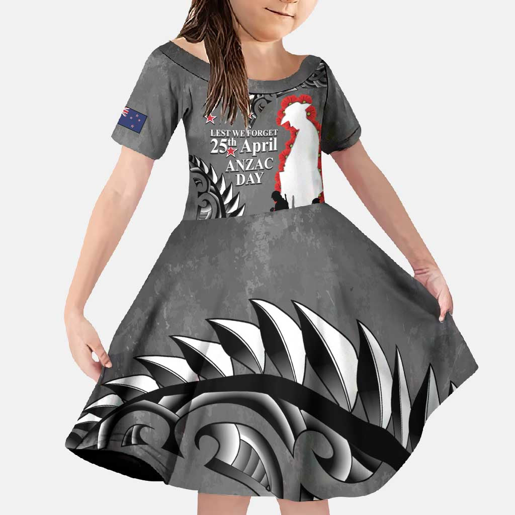 New Zealand ANZAC Day Family Matching Summer Maxi Dress and Hawaiian Shirt 25th April Silver Fern With Poppy LT14 Daughter's Dress Gray - Polynesian Pride