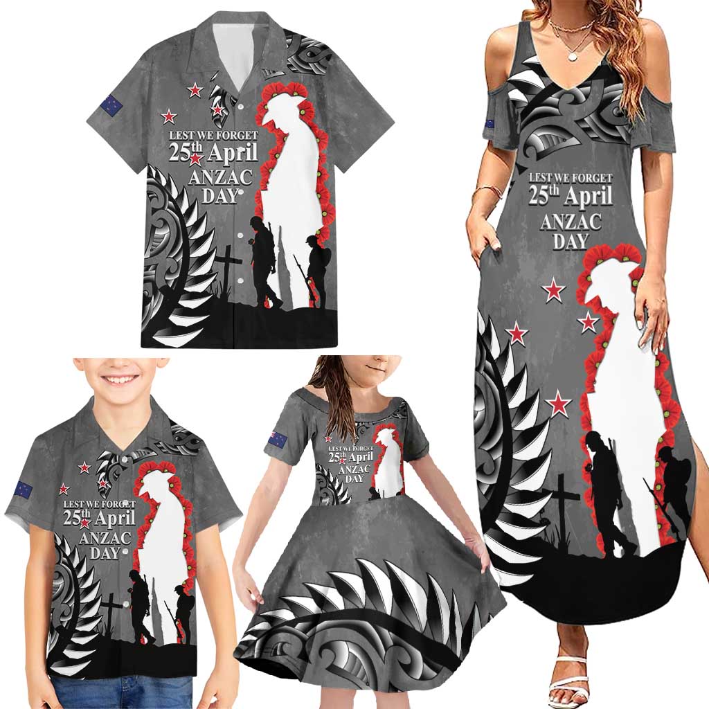 New Zealand ANZAC Day Family Matching Summer Maxi Dress and Hawaiian Shirt 25th April Silver Fern With Poppy LT14 - Polynesian Pride