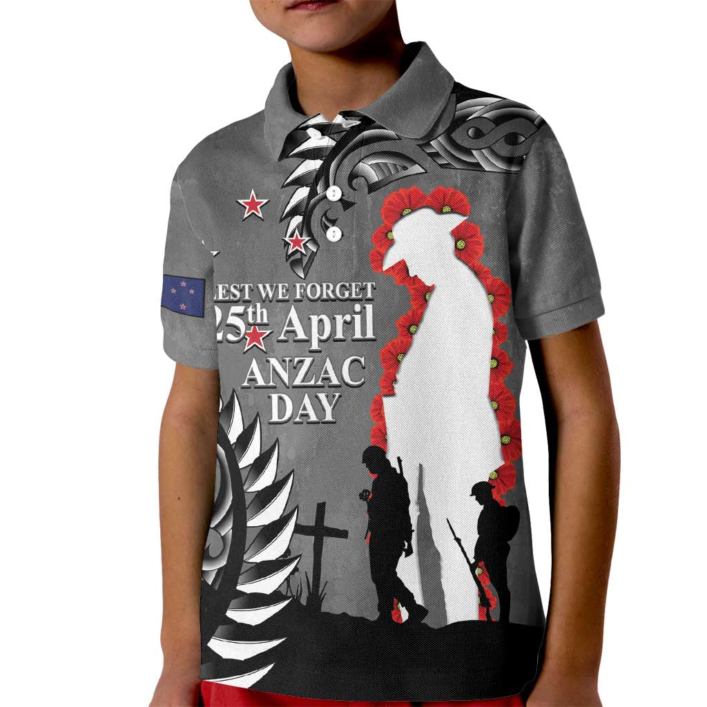 New Zealand ANZAC Day Kid Polo Shirt 25th April Silver Fern With Poppy LT14 Kid Gray - Polynesian Pride