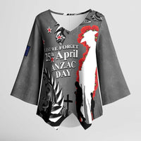 New Zealand ANZAC Day Kimono Sleeve Blouse 25th April Silver Fern With Poppy LT14 Female Gray - Polynesian Pride