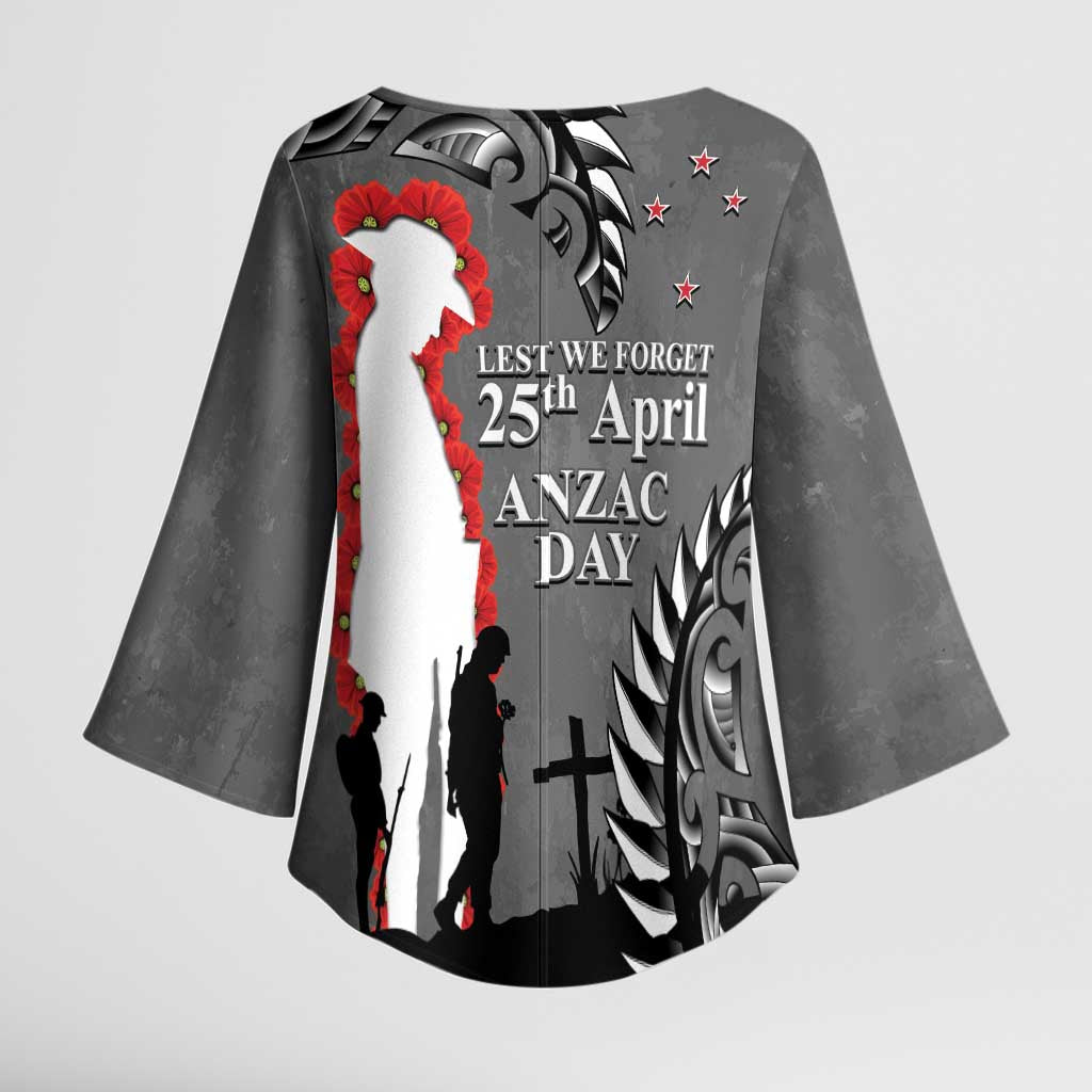 New Zealand ANZAC Day Kimono Sleeve Blouse 25th April Silver Fern With Poppy LT14 - Polynesian Pride