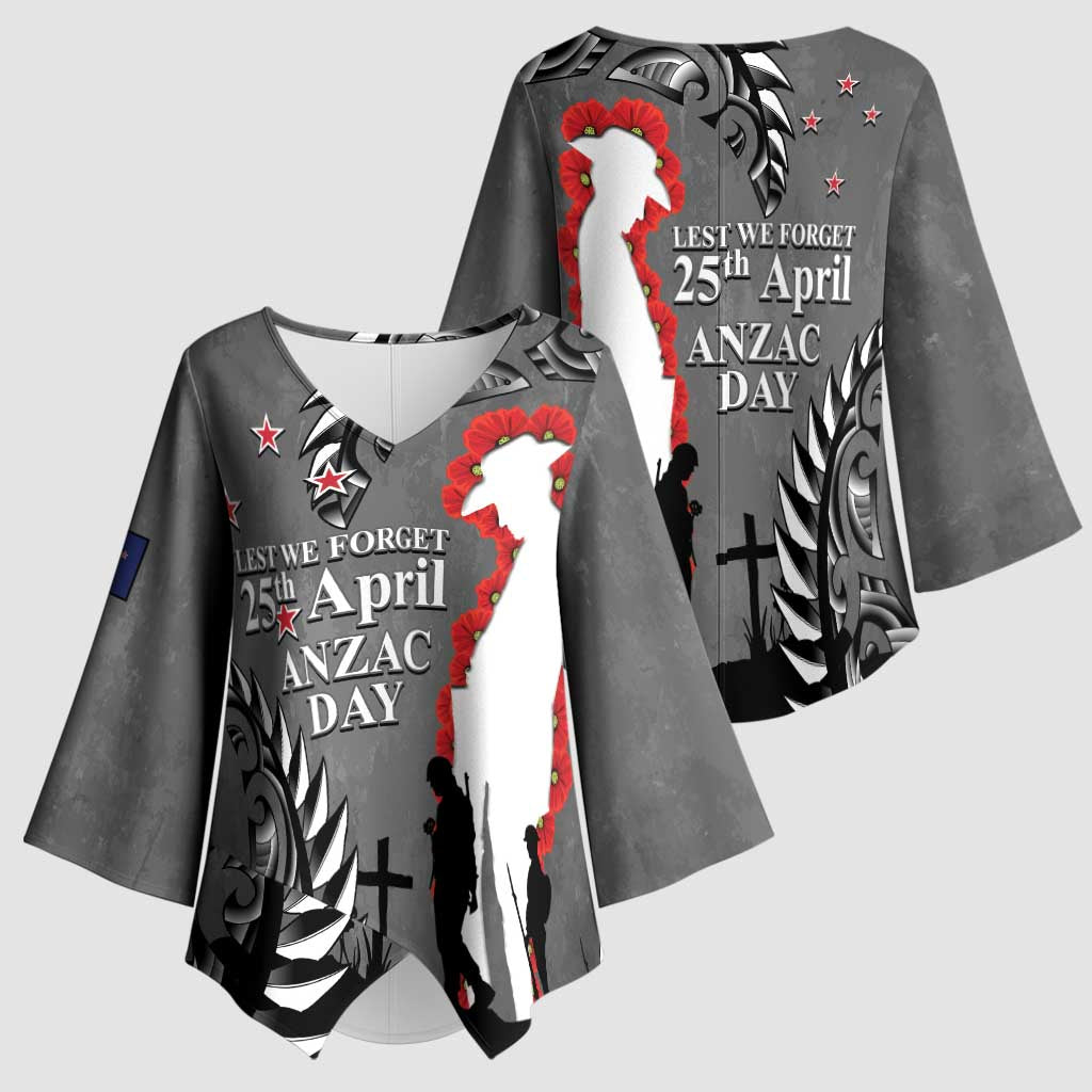 New Zealand ANZAC Day Kimono Sleeve Blouse 25th April Silver Fern With Poppy LT14 - Polynesian Pride