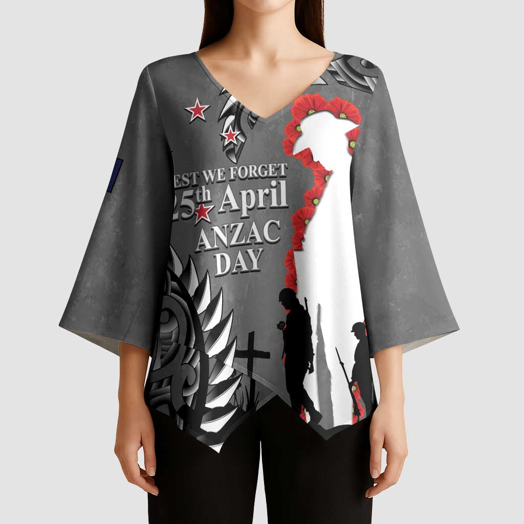 New Zealand ANZAC Day Kimono Sleeve Blouse 25th April Silver Fern With Poppy LT14 - Polynesian Pride