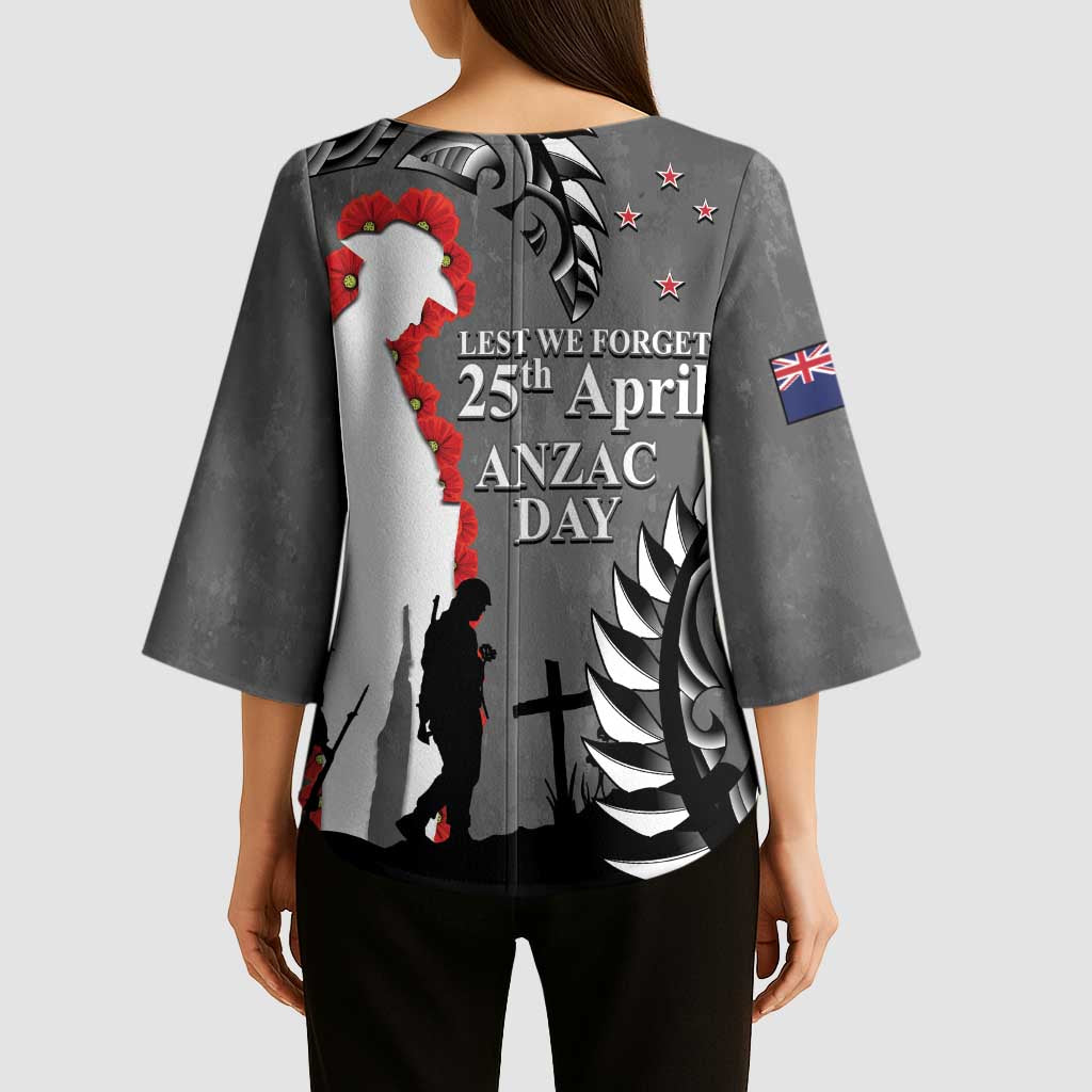 New Zealand ANZAC Day Kimono Sleeve Blouse 25th April Silver Fern With Poppy LT14 - Polynesian Pride