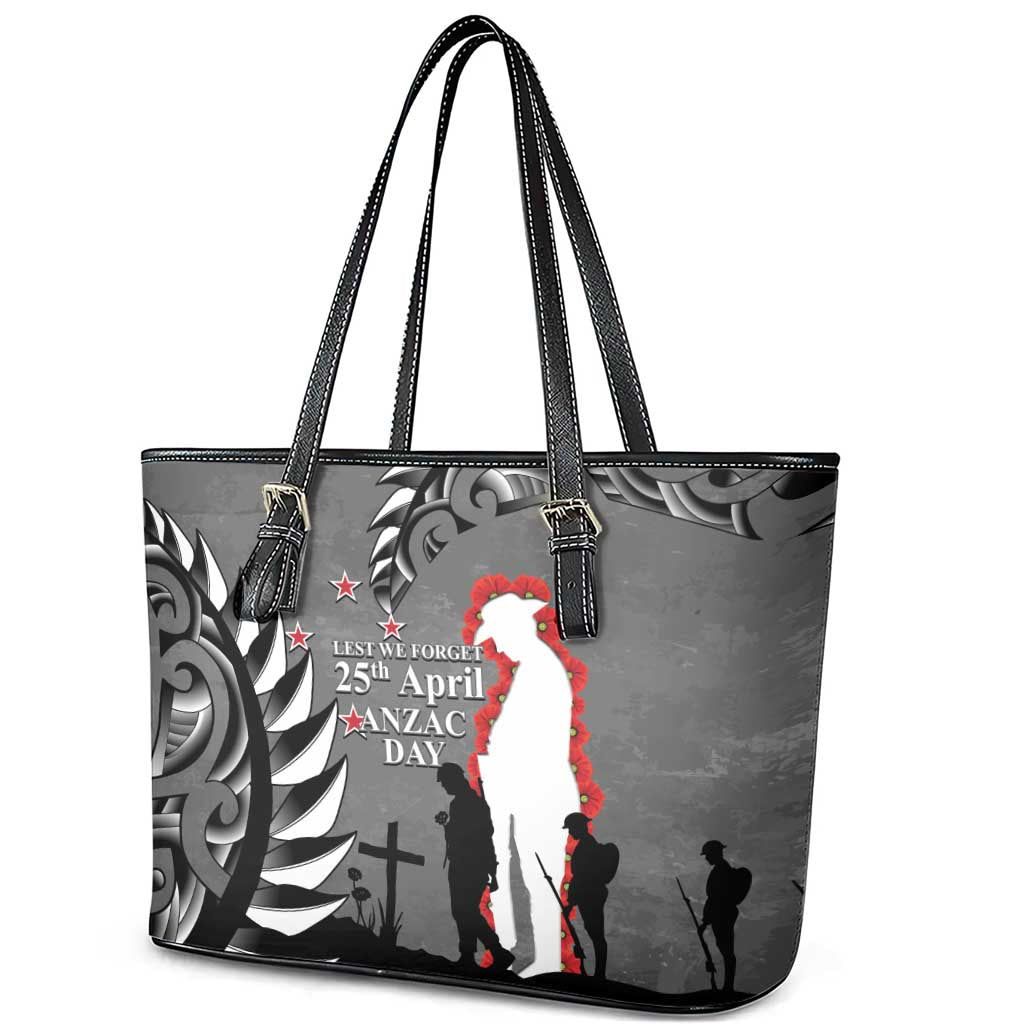 New Zealand ANZAC Day Leather Tote Bag 25th April Silver Fern With Poppy LT14 - Polynesian Pride