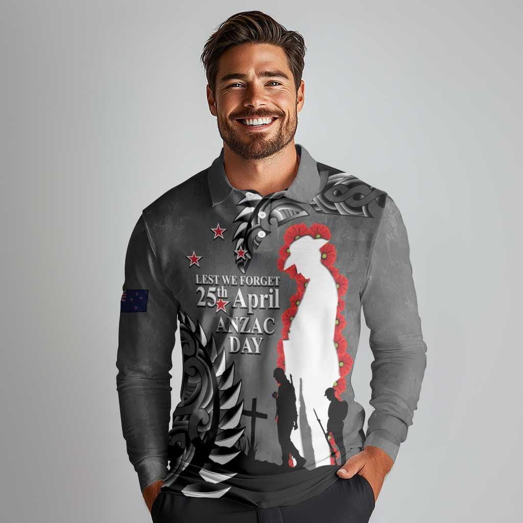 New Zealand ANZAC Day Long Sleeve Polo Shirt 25th April Silver Fern With Poppy LT14 - Polynesian Pride