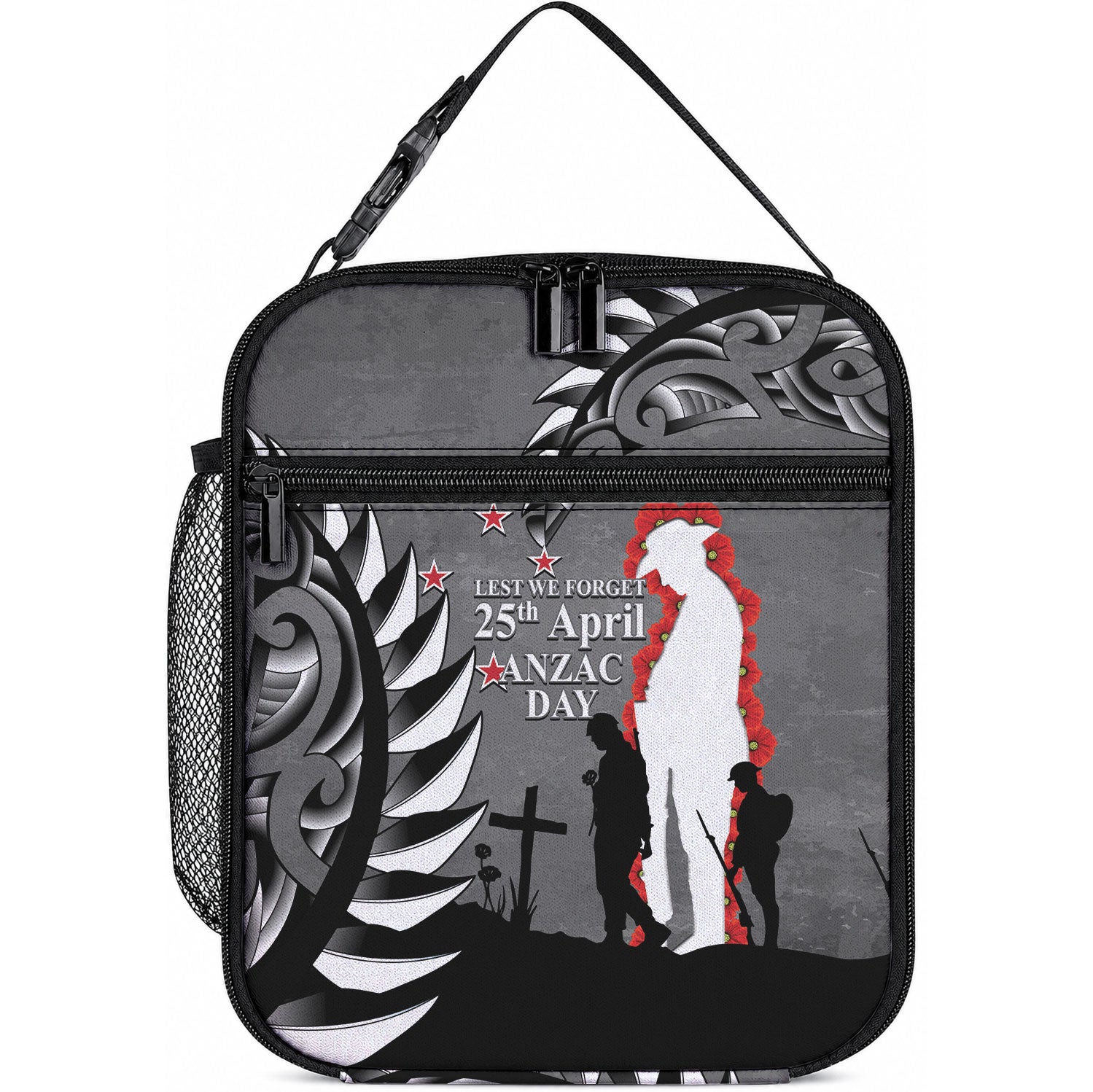 New Zealand ANZAC Day Lunch Bag 25th April Silver Fern With Poppy LT14 10.2 × 8.3 × 4.3 inch Gray - Polynesian Pride