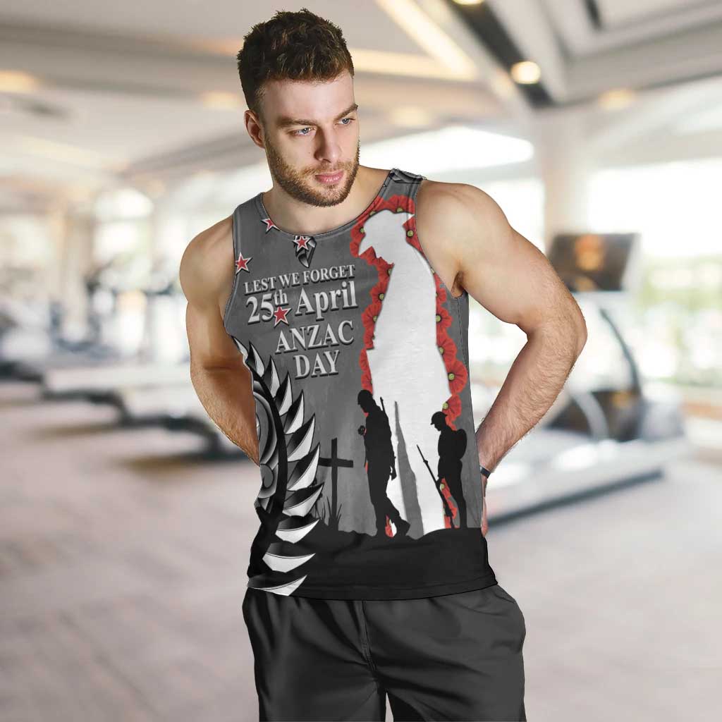 New Zealand ANZAC Day Men Tank Top 25th April Silver Fern With Poppy LT14 Gray - Polynesian Pride