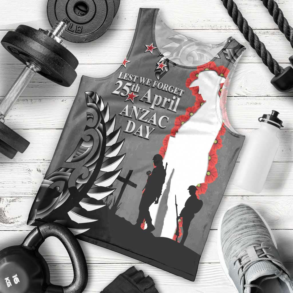 New Zealand ANZAC Day Men Tank Top 25th April Silver Fern With Poppy LT14 - Polynesian Pride