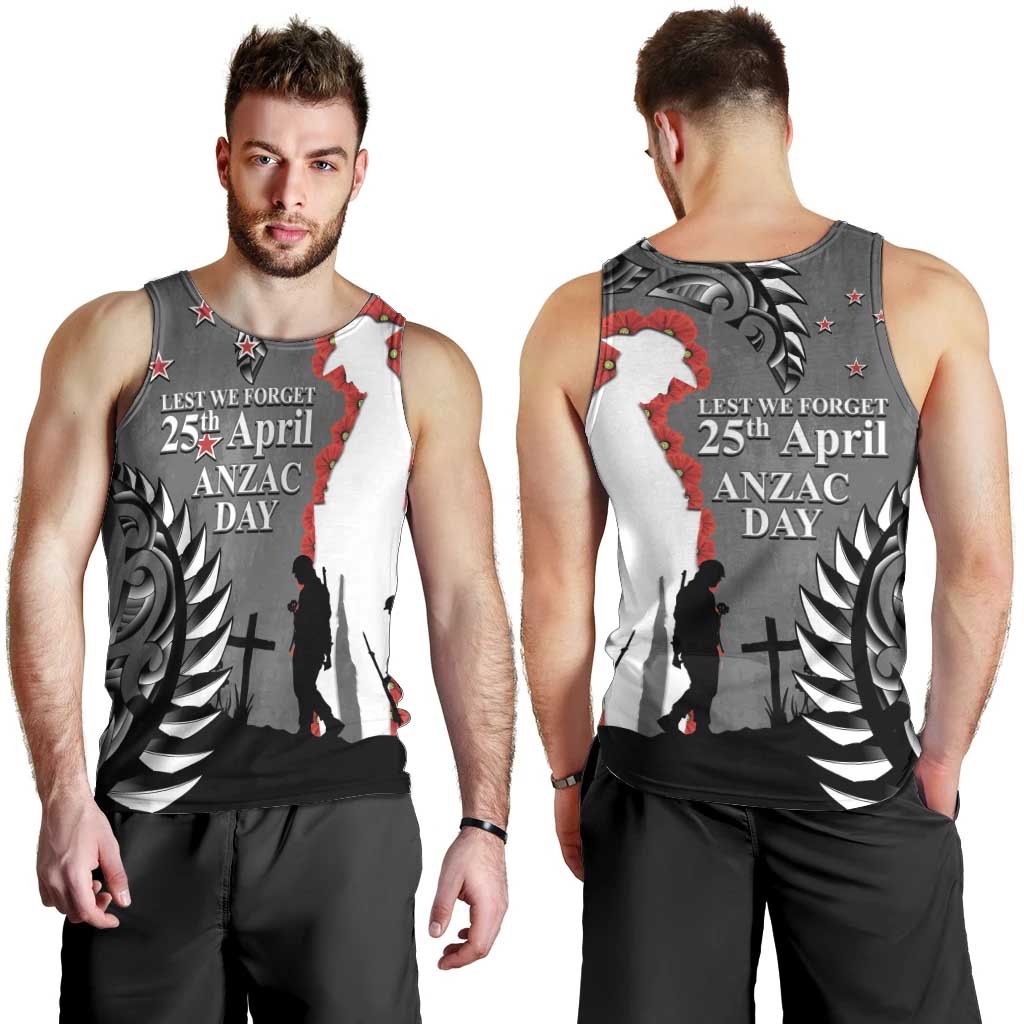 New Zealand ANZAC Day Men Tank Top 25th April Silver Fern With Poppy LT14 - Polynesian Pride
