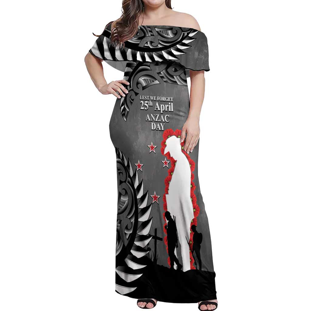 New Zealand ANZAC Day Off Shoulder Maxi Dress 25th April Silver Fern With Poppy LT14 Women Gray - Polynesian Pride