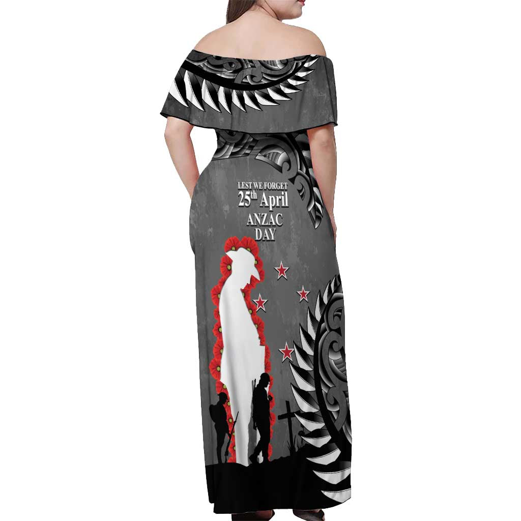 New Zealand ANZAC Day Off Shoulder Maxi Dress 25th April Silver Fern With Poppy LT14 - Polynesian Pride
