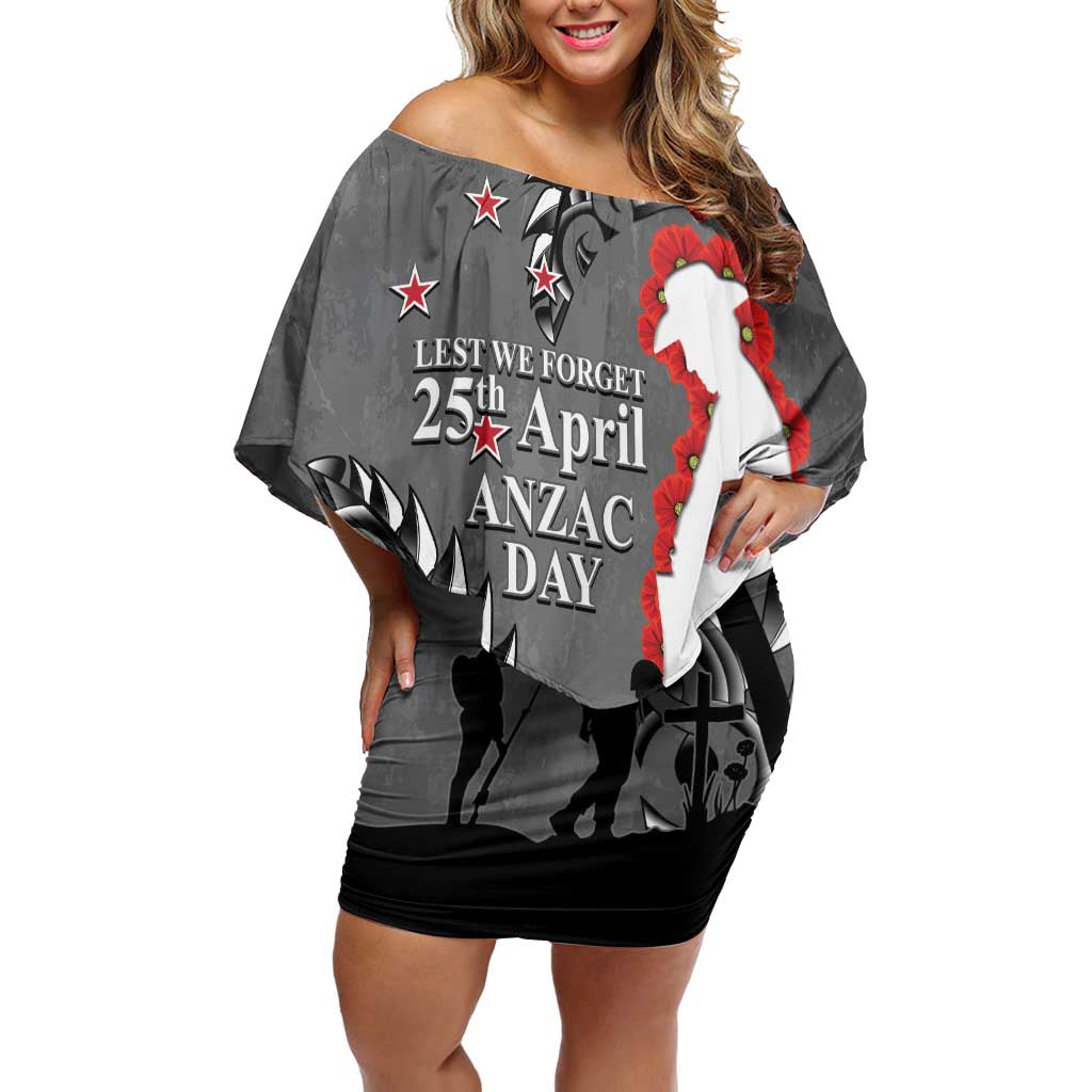 New Zealand ANZAC Day Off Shoulder Short Dress 25th April Silver Fern With Poppy LT14 Women Gray - Polynesian Pride