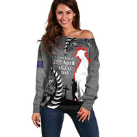 New Zealand ANZAC Day Off Shoulder Sweater 25th April Silver Fern With Poppy LT14 Women Gray - Polynesian Pride