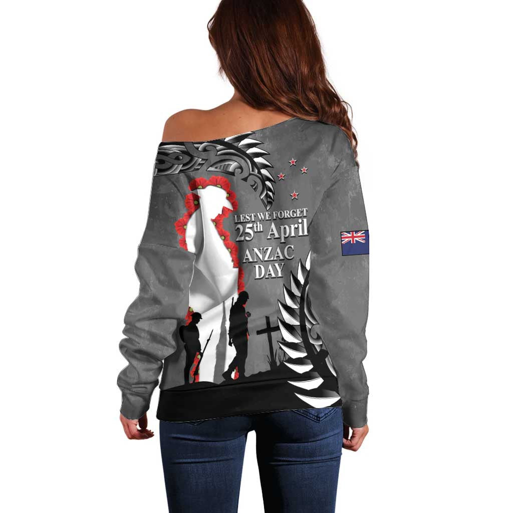New Zealand ANZAC Day Off Shoulder Sweater 25th April Silver Fern With Poppy LT14 - Polynesian Pride