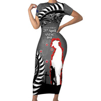 New Zealand ANZAC Day Short Sleeve Bodycon Dress 25th April Silver Fern With Poppy LT14 Long Dress Gray - Polynesian Pride