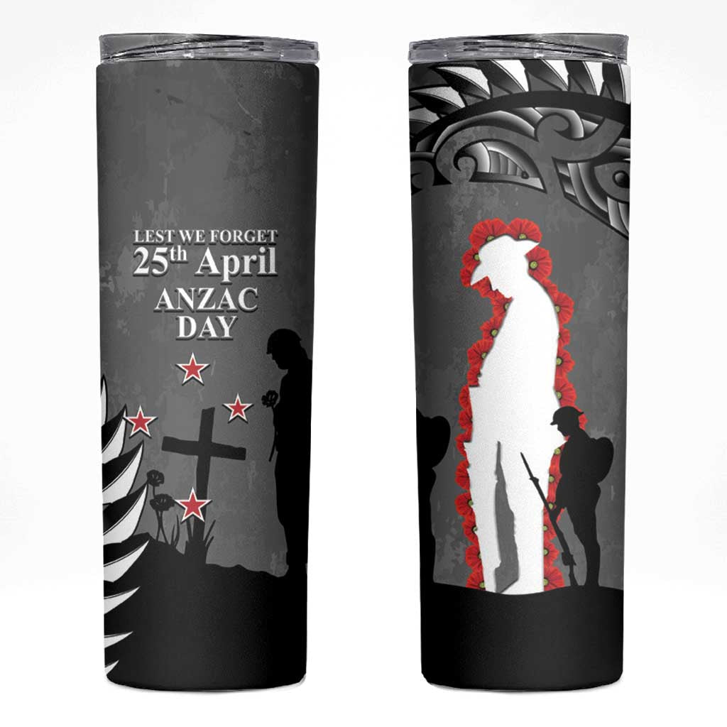 New Zealand ANZAC Day Skinny Tumbler 25th April Silver Fern With Poppy LT14 Gray - Polynesian Pride