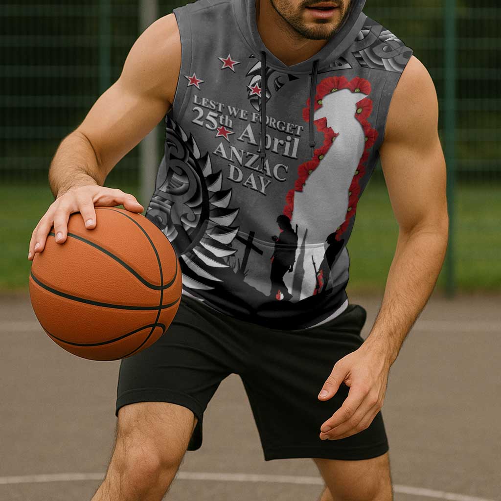 New Zealand ANZAC Day Sleeveless Hoodie 25th April Silver Fern With Poppy LT14 - Polynesian Pride