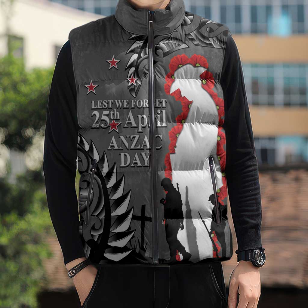 New Zealand ANZAC Day Sleeveless Puffer Jacket 25th April Silver Fern With Poppy LT14 - Polynesian Pride