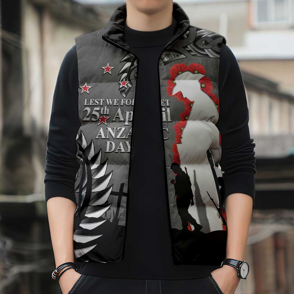 New Zealand ANZAC Day Sleeveless Puffer Jacket 25th April Silver Fern With Poppy LT14 - Polynesian Pride