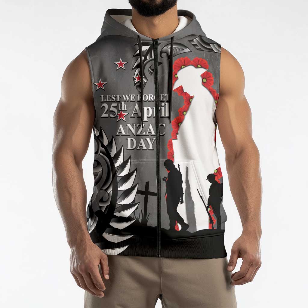 New Zealand ANZAC Day Sleeveless Zip Hoodie 25th April Silver Fern With Poppy LT14 - Polynesian Pride