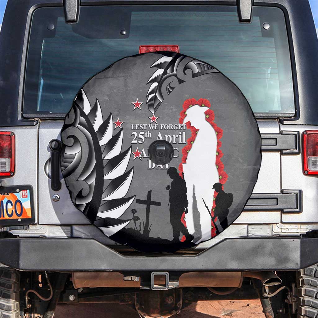 New Zealand ANZAC Day Spare Tire Cover 25th April Silver Fern With Poppy LT14 Gray - Polynesian Pride