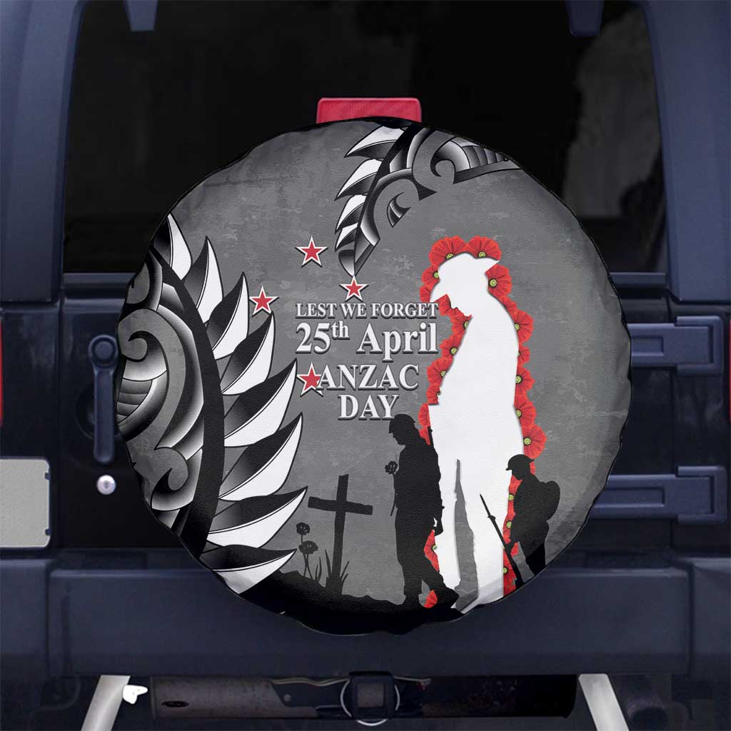 New Zealand ANZAC Day Spare Tire Cover 25th April Silver Fern With Poppy LT14 No hole Gray - Polynesian Pride