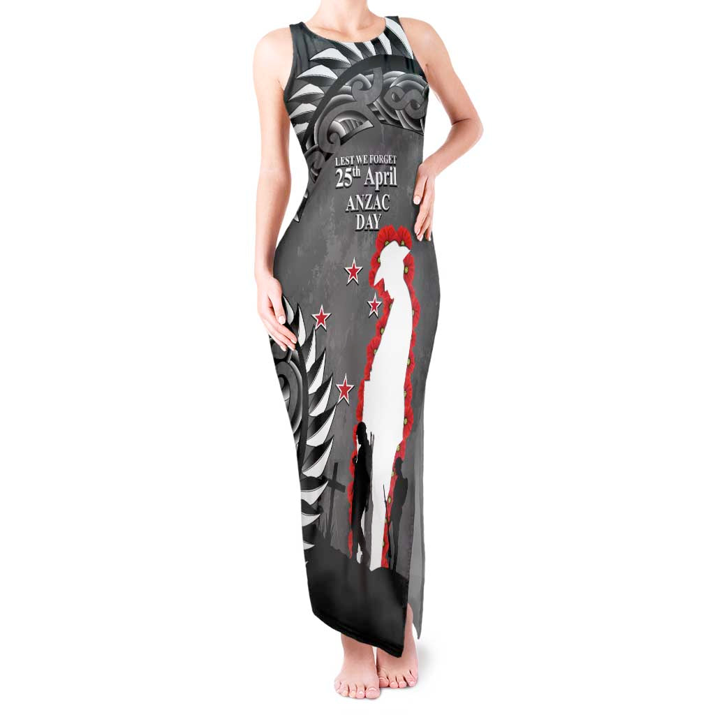 New Zealand ANZAC Day Tank Maxi Dress 25th April Silver Fern With Poppy LT14 Women Gray - Polynesian Pride