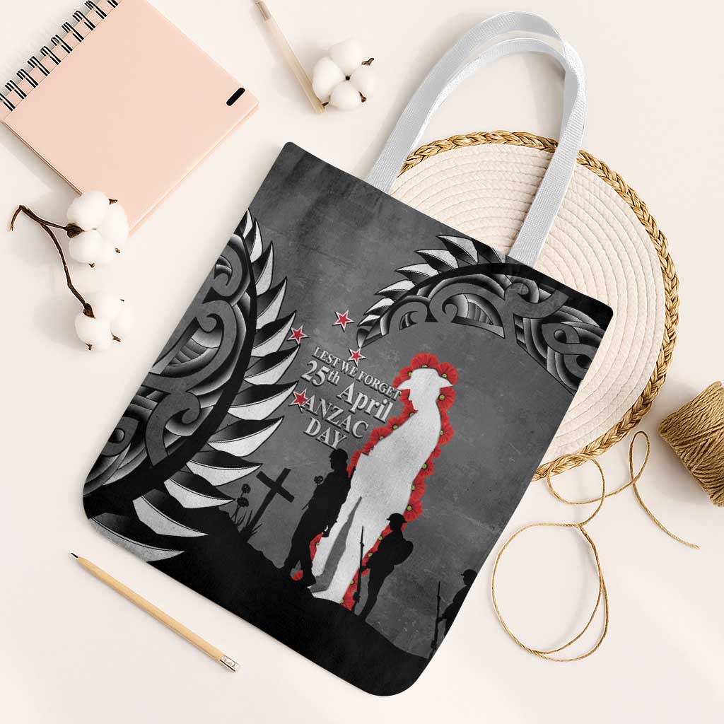 New Zealand ANZAC Day Tote Bag 25th April Silver Fern With Poppy LT14 White Strap One Size Gray - Polynesian Pride
