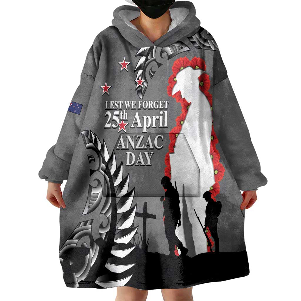 New Zealand ANZAC Day Wearable Blanket Hoodie 25th April Silver Fern With Poppy LT14 - Polynesian Pride