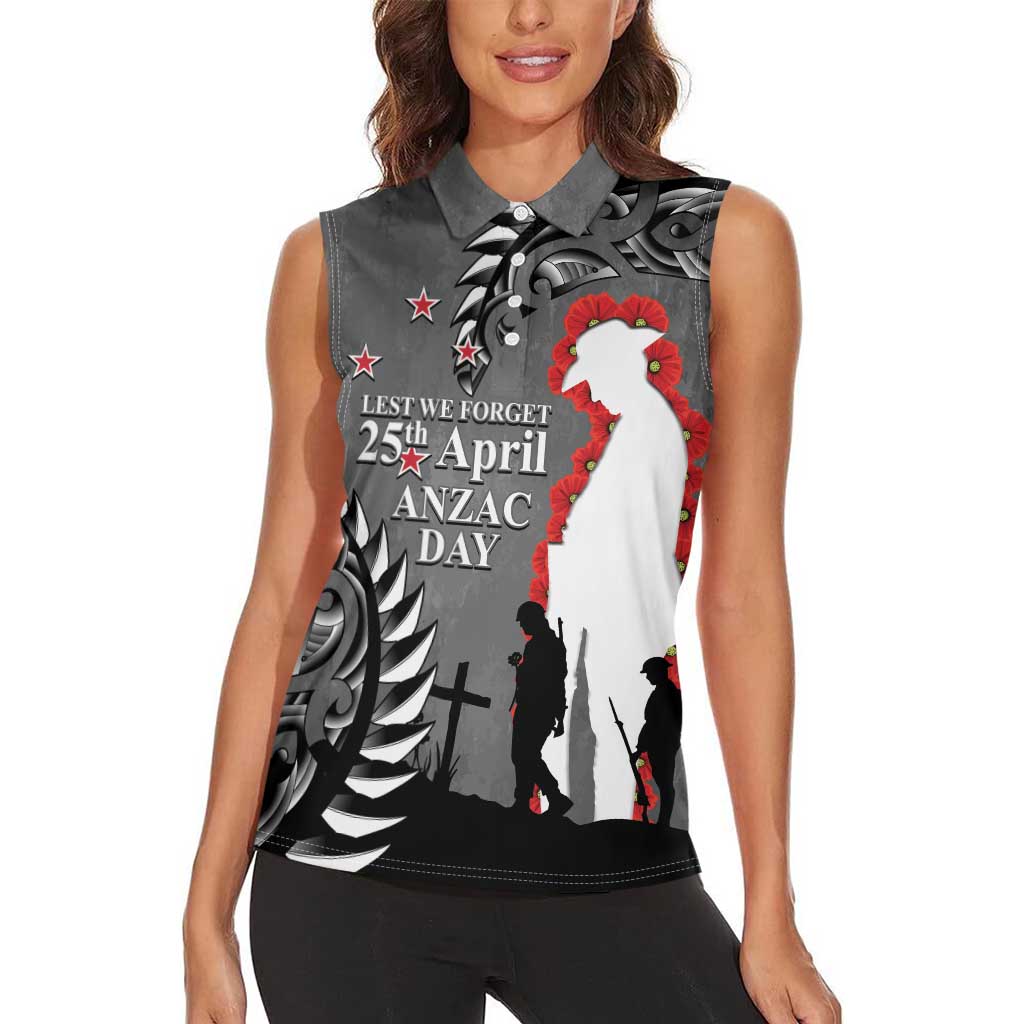 New Zealand ANZAC Day Women Sleeveless Polo Shirt 25th April Silver Fern With Poppy LT14 - Polynesian Pride