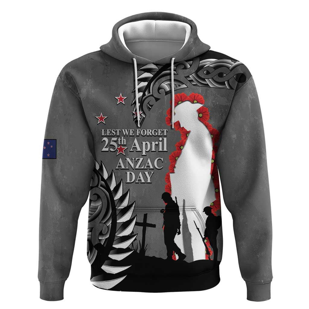 New Zealand ANZAC Day Zip Hoodie 25th April Silver Fern With Poppy LT14 Pullover Hoodie Gray - Polynesian Pride
