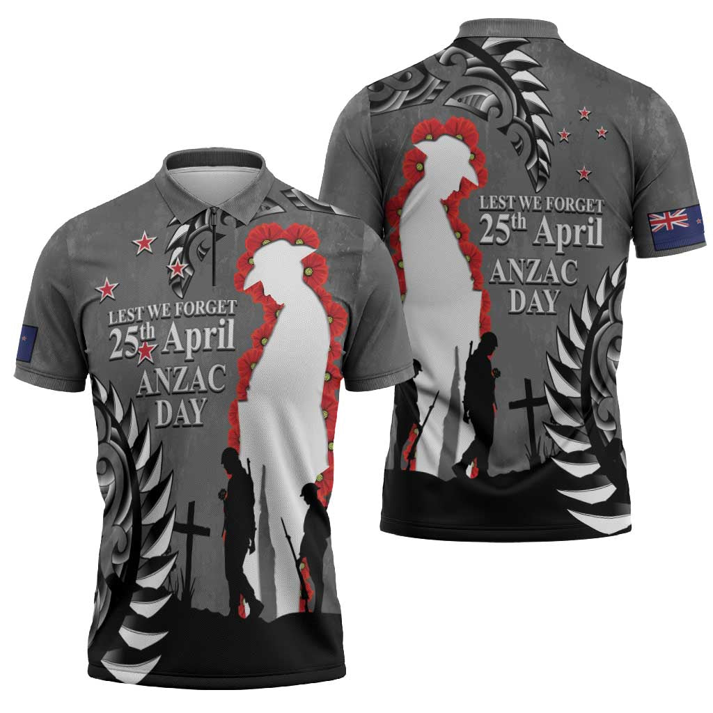 New Zealand ANZAC Day Zipper Polo Shirt 25th April Silver Fern With Poppy LT14 - Polynesian Pride